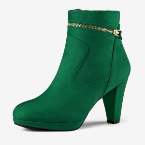 Faux Suede Round Toe Ankle Mid Block Heel Boots Green/6.5 - Allegra K catalog