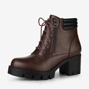 Lug Sole Zip Combat Block Heel Ankle Boots Coffee/8.5 - Allegra K catalog