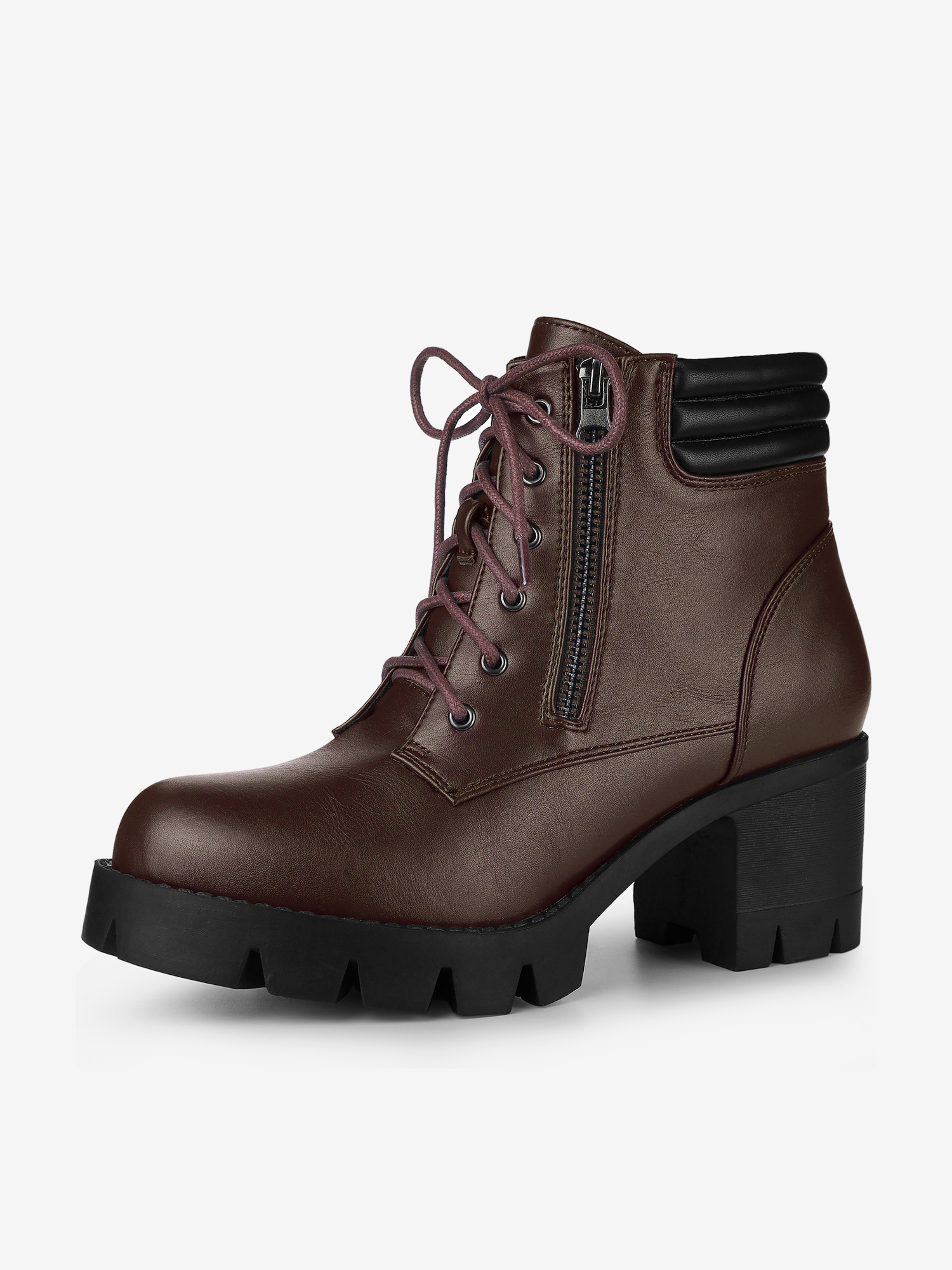 Lug Sole Zip Combat Block Heel Ankle Boots Coffee/8.5 - Allegra K catalog