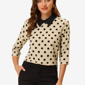 Polka Dots Contrast Peter Pan Collar Top 3/4 Sleeve Blouse Shirt Apricot/XS - Allegra K catalog