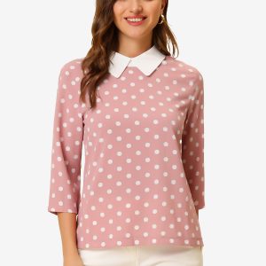 Polka Dots Contrast Peter Pan Collar Top 3/4 Sleeve Blouse Shirt Dark Pink/S - Allegra K catalog