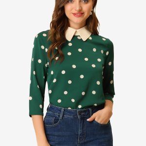 Polka Dots Contrast Peter Pan Collar Top 3/4 Sleeve Blouse Shirt Dark Green/XL - Allegra K catalog