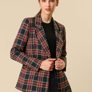 Notched Lapel Double Breasted Work Formal Blazer Dark Blue/L - Allegra K catalog
