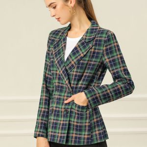 Notched Lapel Double Breasted Work Formal Blazer Blue Green/XS - Allegra K catalog