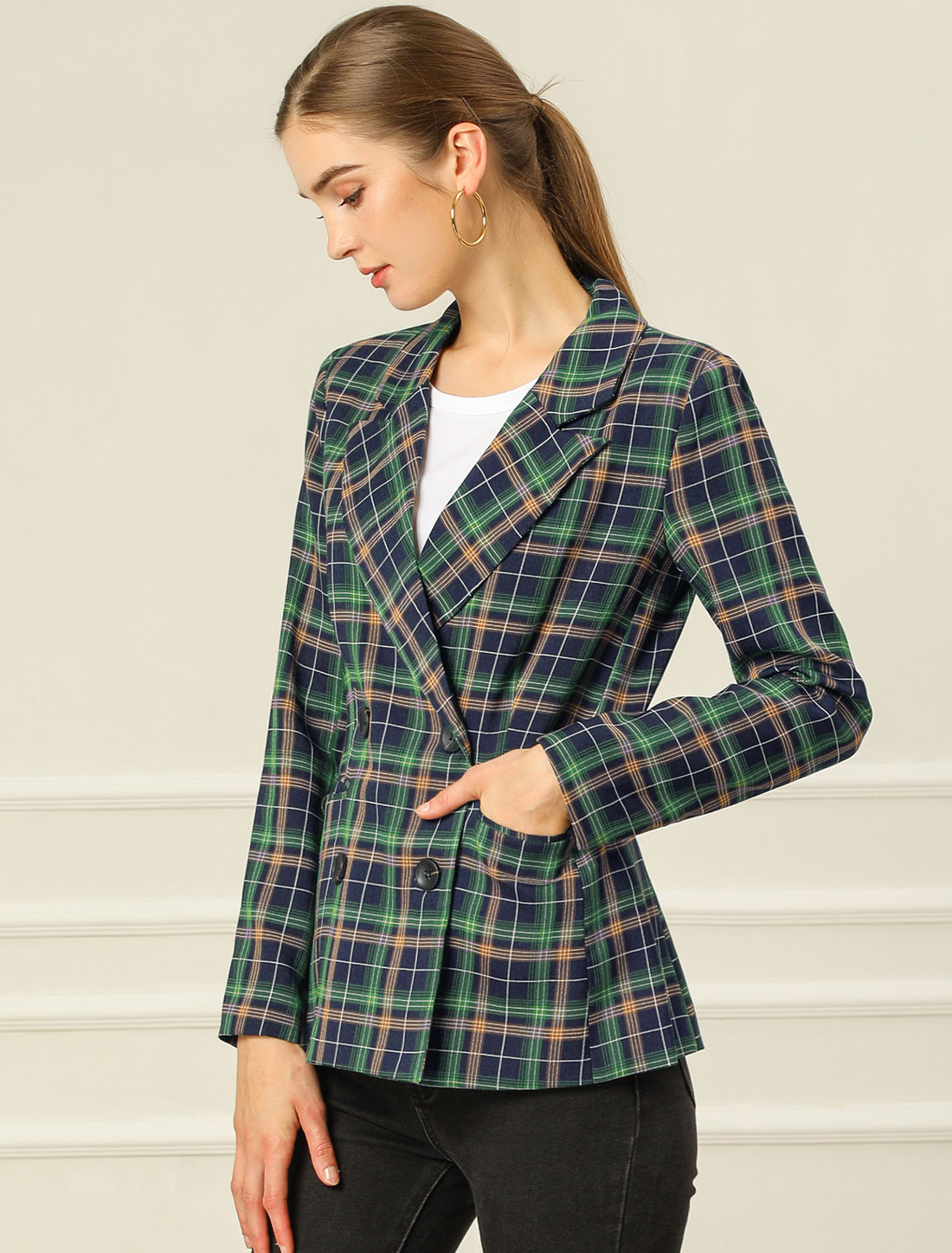 Notched Lapel Double Breasted Work Formal Blazer Blue Green/XS - Allegra K catalog