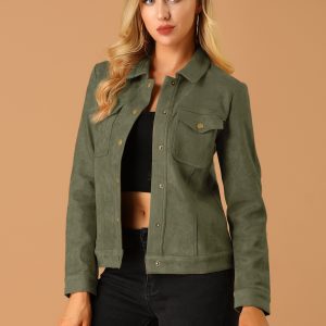 Faux Suede Turn-Down Collar Flap Pocket Snap Button Jacket Army Green/XS - Allegra K catalog