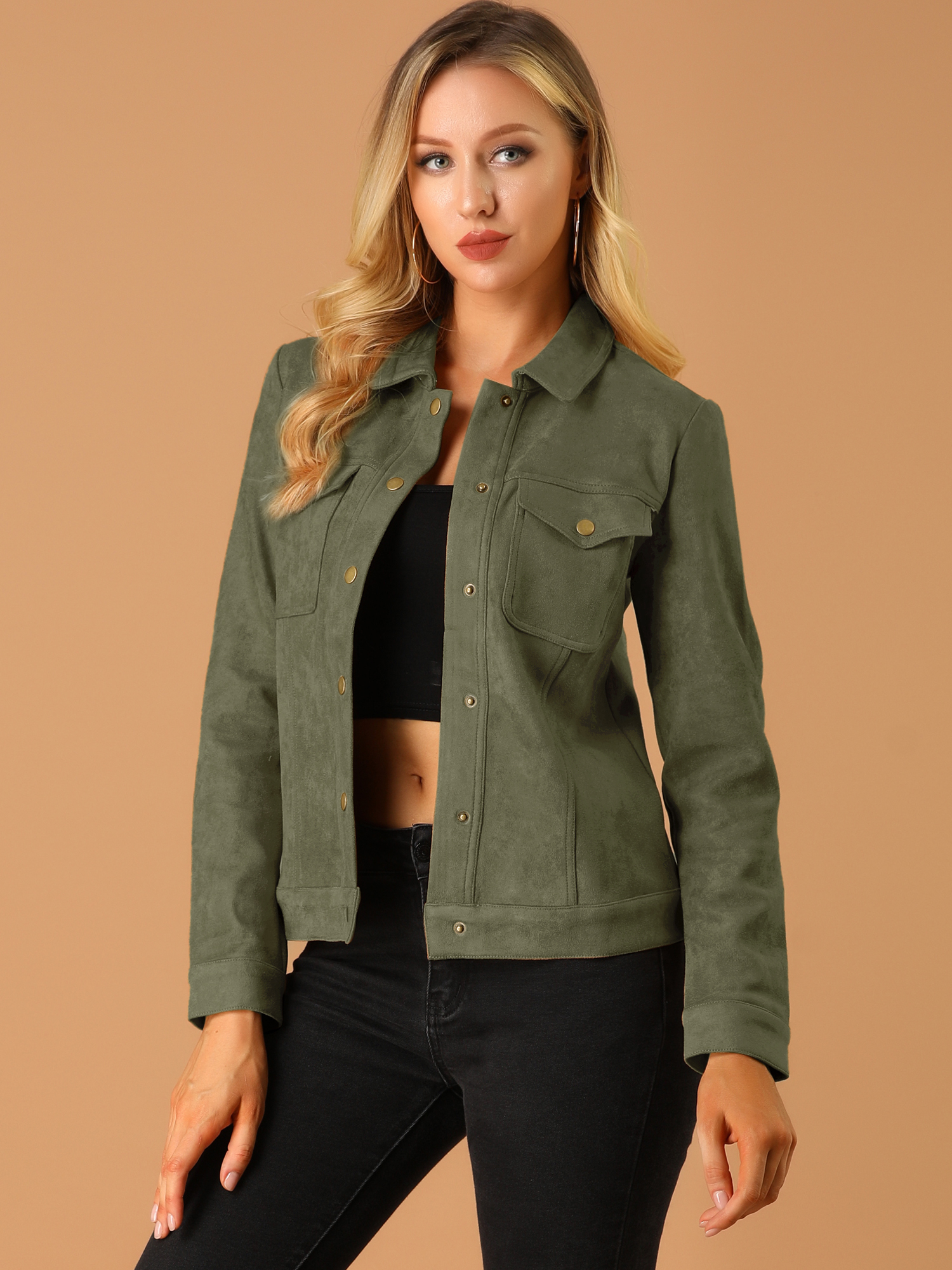 Faux Suede Turn-Down Collar Flap Pocket Snap Button Jacket Army Green/M - Allegra K catalog