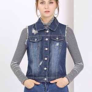 Lapel Button Closure Sleeveless Washed Distressed Denim Vest Navy Blue/M - Allegra K catalog