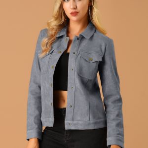 Faux Suede Turn-Down Collar Flap Pocket Snap Button Jacket Gray/M - Allegra K catalog