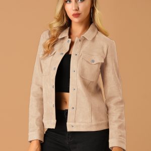Faux Suede Turn-Down Collar Flap Pocket Snap Button Jacket Apricot Pink/M - Allegra K catalog