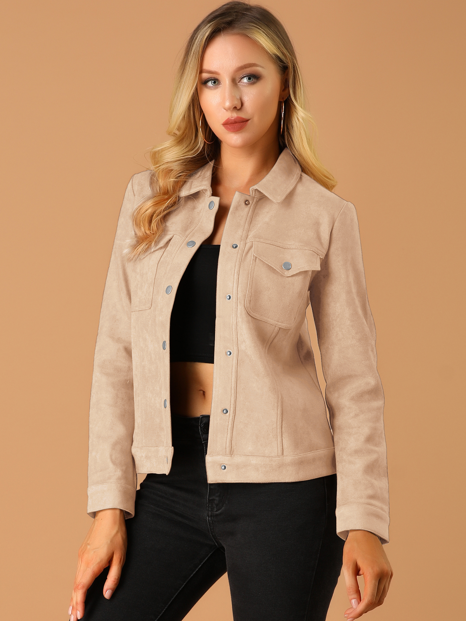 Faux Suede Turn-Down Collar Flap Pocket Snap Button Jacket Apricot Pink/M - Allegra K catalog