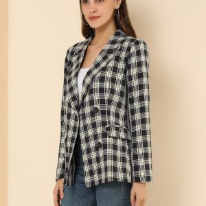 Notched Lapel Double Breasted Work Formal Blazer Black/XS - Allegra K catalog