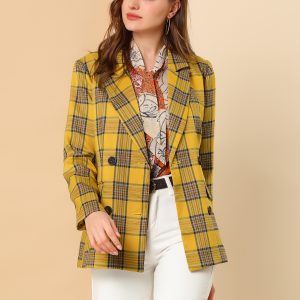 Notched Lapel Double Breasted Work Formal Blazer Yellow/XS - Allegra K catalog
