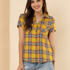 Classic Plaid Button Down Short Sleeve Shirt Yellow/XL - Allegra K catalog