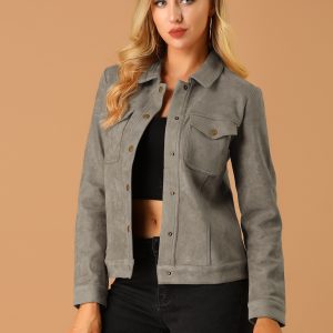 Faux Suede Turn-Down Collar Flap Pocket Snap Button Jacket Taupe/XS - Allegra K catalog