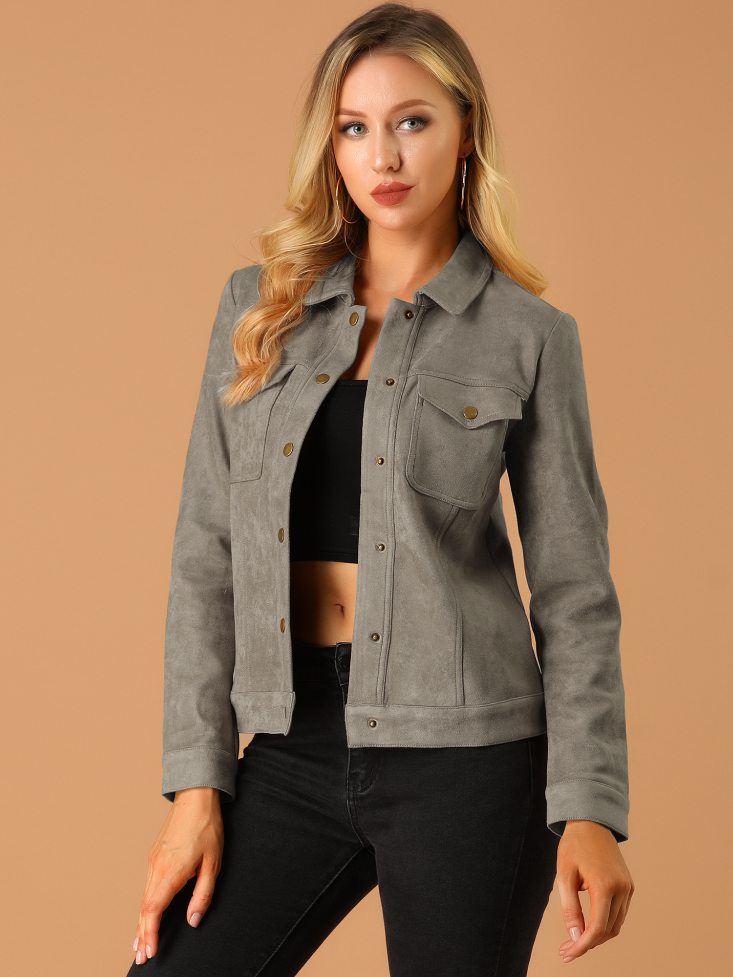 Faux Suede Turn-Down Collar Flap Pocket Snap Button Jacket Taupe/L - Allegra K catalog
