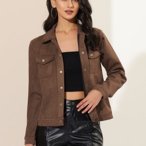 Faux Suede Turn-Down Collar Flap Pocket Snap Button Jacket Coffee/S - Allegra K catalog