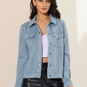 Faux Suede Turn-Down Collar Flap Pocket Snap Button Jacket Light Blue/XL - Allegra K catalog