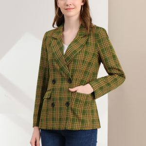 Notched Lapel Double Breasted Work Formal Blazer Yellow Green/XS - Allegra K catalog