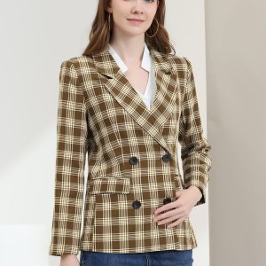 Notched Lapel Double Breasted Work Formal Blazer White Brown/XS - Allegra K catalog