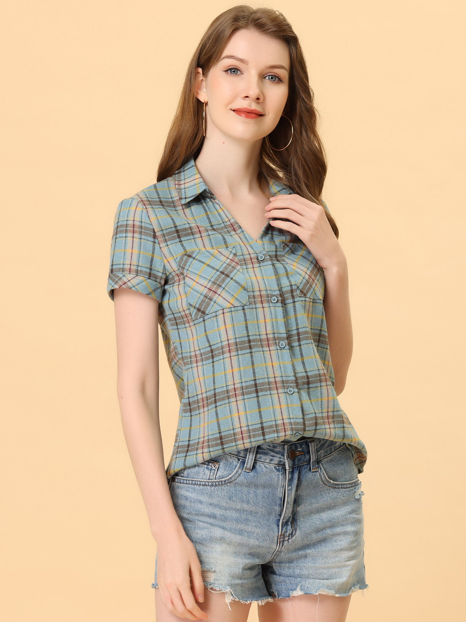 Button Down Cotton Classic Western Plaid Shirt Grey Blue/XL - Allegra K catalog