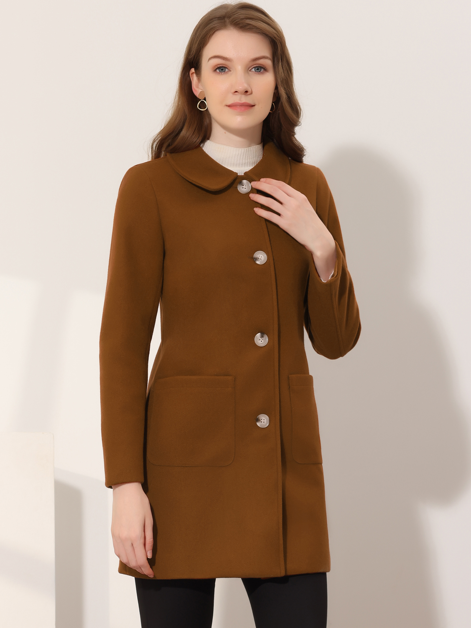 Turn Down Collar Single Breasted Winter Outwear Trench Coat Dark Brown/L - Allegra K catalog