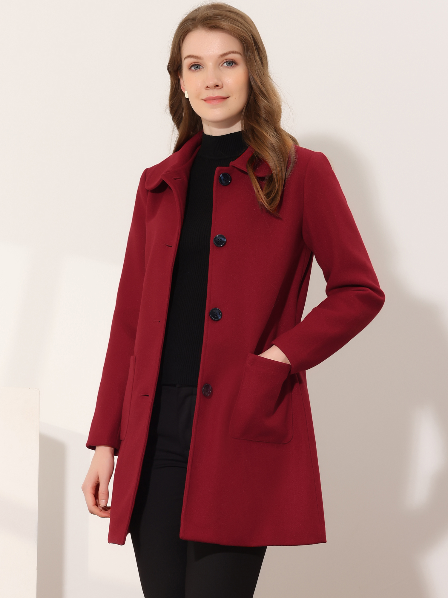 Turn Down Collar Single Breasted Winter Outwear Trench Coat Dark Red/XS - Allegra K catalog