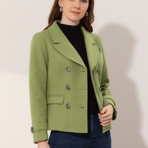 Winter Notched Lapel Double Breasted Short Pea Coat Pea Green/S - Allegra K catalog