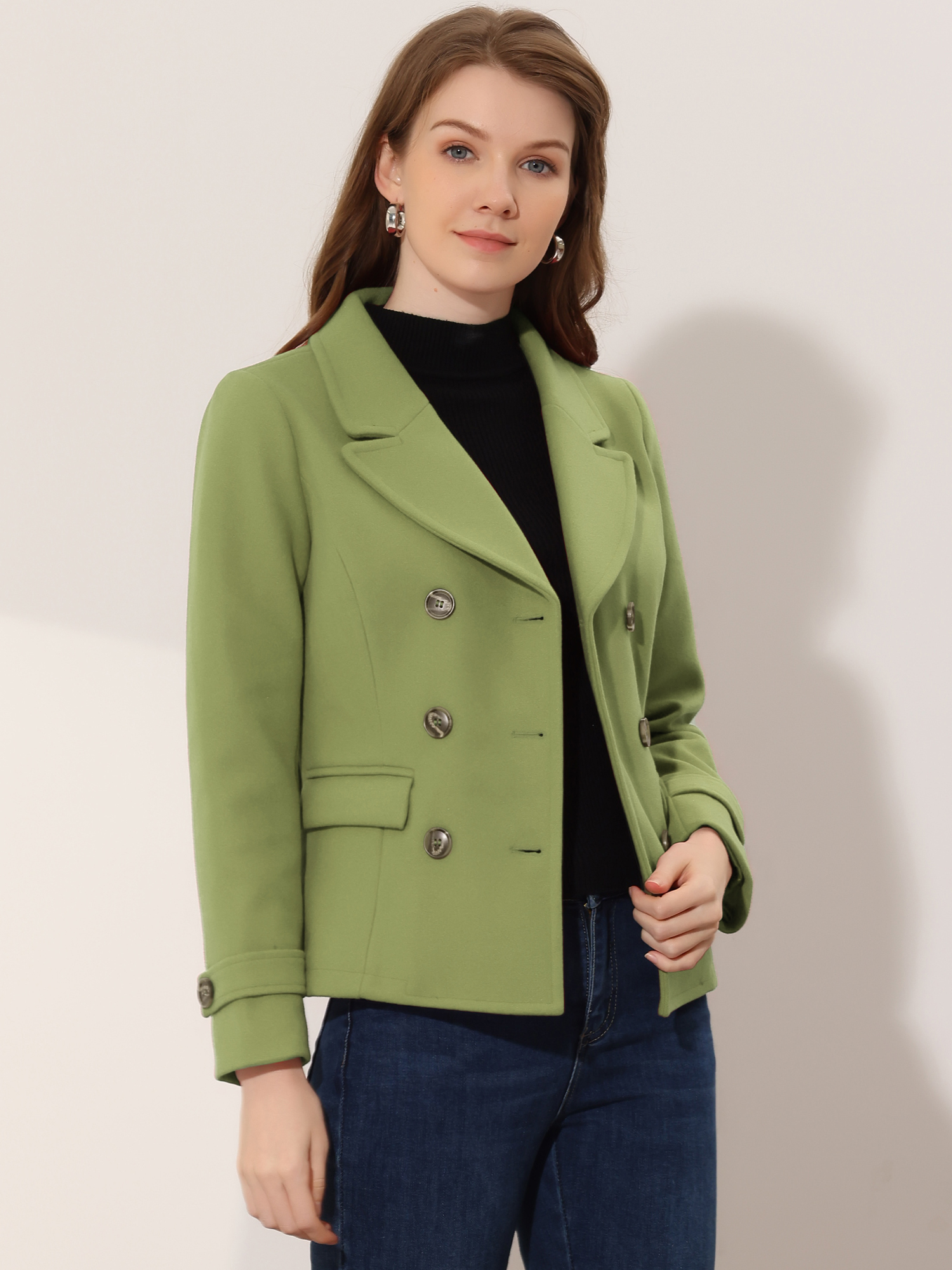 Winter Notched Lapel Double Breasted Short Pea Coat Pea Green/S - Allegra K catalog