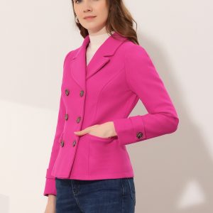 Winter Notched Lapel Double Breasted Short Pea Coat Hot Pink/XS - Allegra K catalog