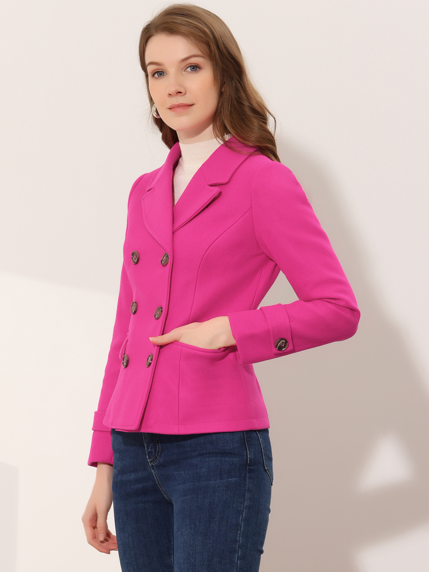 Winter Notched Lapel Double Breasted Short Pea Coat Hot Pink/XS - Allegra K catalog