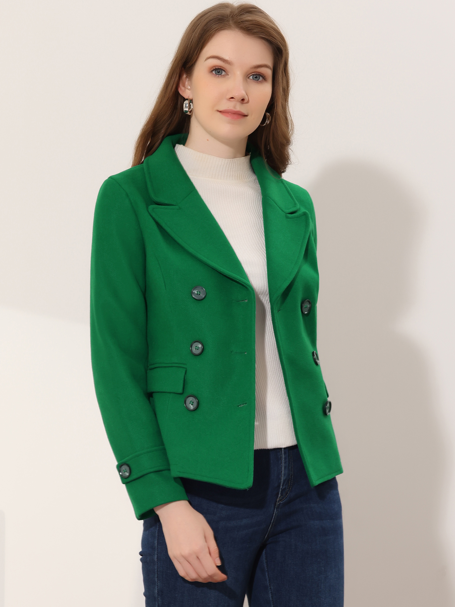 Winter Notched Lapel Double Breasted Short Pea Coat Green/L - Allegra K catalog