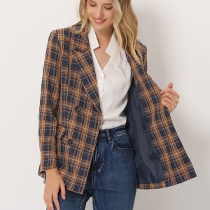 Notched Lapel Double Breasted Work Formal Blazer Blue Orange/S - Allegra K catalog