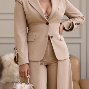 Urban Plain Lapel Collar Long Sleeve Blazer, Blazers, color:Khaki|size:XXL, Stylewe