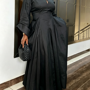 Urban Plain Shirt Collar Cotton And Linen Maxi Dress, Maxi Dresses, color:Black|size:XXL, Stylewe