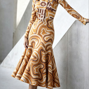 Elegant Random Print Printing Tie Neck Maxi Dress, Midi Dresses, color:As Picture|size:XXL, Stylewe