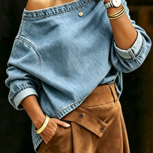 Plus Size Casual Asymmetrical Plain Denim Shirt, Plus Tops, color:Denim Blue|size:4X, Stylewe