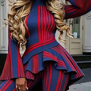 Casual Striped Printing Mock Neck Bell Sleeve Blouse, Blouses and Shirts, color:As Picture|size:XXL, Stylewe