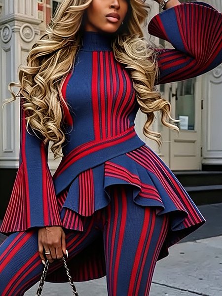 Casual Striped Printing Mock Neck Bell Sleeve Blouse, Blouses and Shirts, color:As Picture|size:XXL, Stylewe