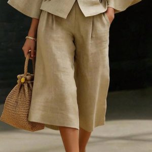 Cotton And Linen Casual Plain Distressing Wide Leg Pants, Pants, color:Khaki|size:XXL, Stylewe