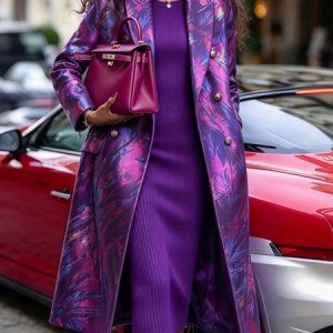 Elegant Random Print Lapel Collar Trench Coat, Coats, color:Purple|size:XXL, Stylewe