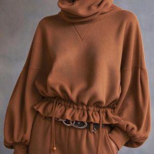 Casual Plain Drawstring Turtleneck Sweatshirt, Hoodies and Sweatshirts, color:Red Brown|size:XXL, Stylewe
