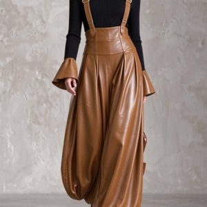Urban Plain Spaghetti Overall Faux Leather Jumpsuit, Jumpsuits, color:Brown|size:XXL, Stylewe