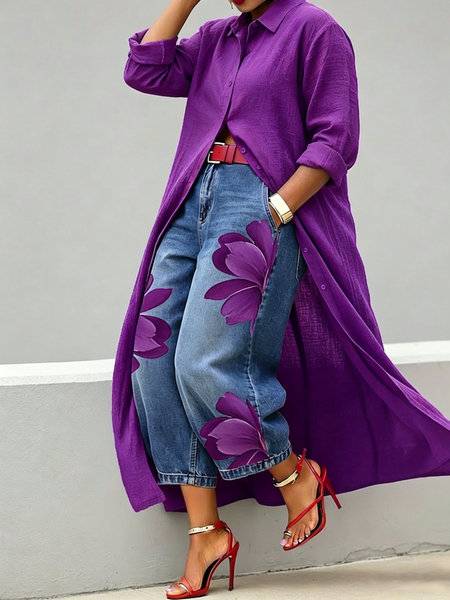 Casual Cotton Shirt Collar Blouse Loose Long Sleeve Daily Top, Blouses and Shirts, color:Purple|size:XXL, Stylewe