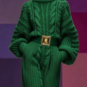 Casual Solid Cable Knit Turtleneck Chunky Lantern Sleeve Loose Sweater, Pullovers, color:Green|size:XXL, Stylewe