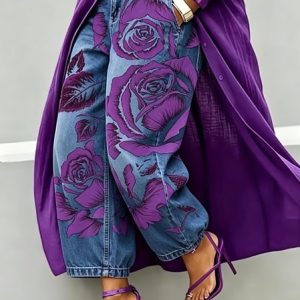 Plus Size Printing Casual Jeans With No Belt, Plus Pants, color:Purple|size:4X, Stylewe