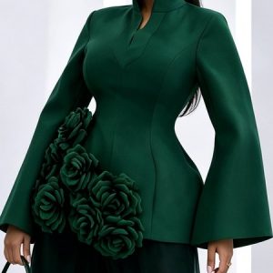 Elegant Plain 3D Floral Stand Collar Blouse, Blouses and Shirts, color:Green|size:XXL, Stylewe