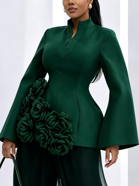 Elegant Plain 3D Floral Stand Collar Blouse, Blouses and Shirts, color:Green|size:XXL, Stylewe