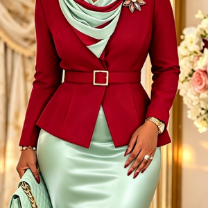 Urban Buttoned Polka Dots Cross Neck Blazer With Belt With Scarf, Blazers, color:Wine Red|size:XXL, Stylewe