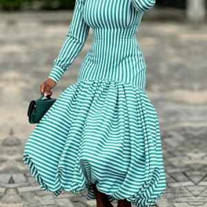 Elegant Green Striped Mock Neck Bubble Hem Long Sleeve Maxi Dress, Maxi Dresses, color:Green|size:XXL, Stylewe